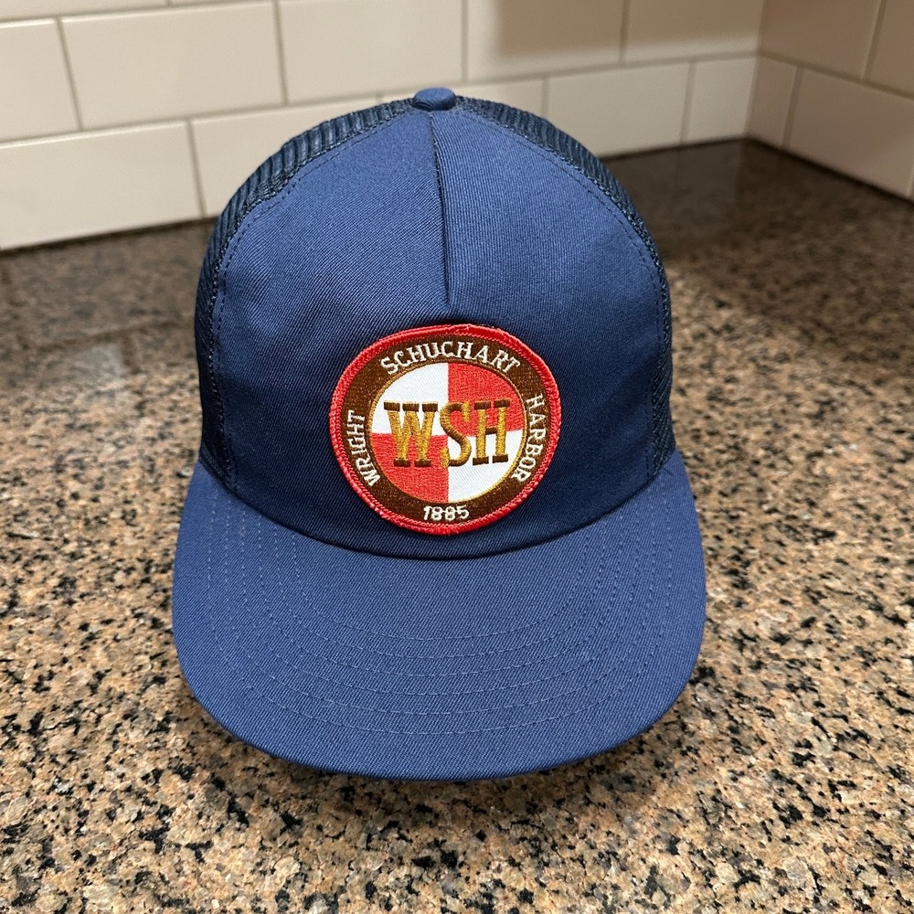Vtg Schuchart WSH Wright Harbor P Trucker Hat Blue Snapback Made in USA